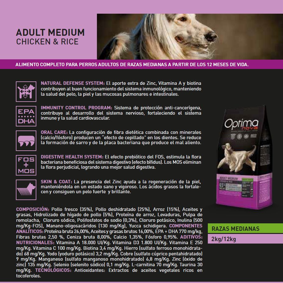 OPTIMA NOVA ADULT MEDIUM POLLO ARROZ 2 KG. - Imagen 3